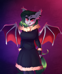 Size: 2500x3000 | Tagged: safe, alternate version, artist:sugarstar, imported from derpibooru, oc, oc only, anthro, bat pony, ear piercing, fangs, female, fluffy, fur, fur coat, looking at you, mare, piercing, simple background, smiling, solo, spread wings, standing, tongue out, wings