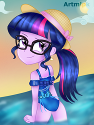 Size: 1536x2048 | Tagged: safe, artist:artmlpk, imported from derpibooru, sci-twi, twilight sparkle, equestria girls, adorkable, beach, clothes, cute, dork, ear piercing, earring, female, hat, jewelry, looking at you, looking back, looking back at you, looking over shoulder, piercing, ponytail, solo, swimsuit, twiabetes, water