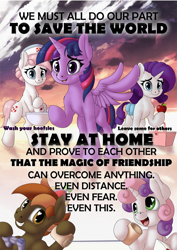 Size: 1000x1415 | Tagged: safe, artist:manifest harmony, imported from derpibooru, button mash, nurse redheart, rarity, sweetie belle, twilight sparkle, alicorn, earth pony, pony, unicorn, series:save the world, apple, buttonbetes, coronavirus, covid-19, cute, diasweetes, food, heart eyes, heart nostrils, positive ponies, public service announcement, stay at home, tin can telephone, twilight sparkle (alicorn), washing hooves, wingding eyes