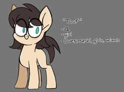 Size: 1071x798 | Tagged: safe, artist:taaffeiite, deleted from derpibooru, derpibooru exclusive, imported from derpibooru, oc, oc only, unnamed oc, earth pony, pony, bags under eyes, female, gray background, mare, ponysona, simple background, solo, text, white outline