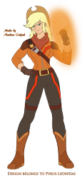 Size: 1365x2973 | Tagged: safe, artist:pyrus-leonidas, imported from derpibooru, applejack, human, series:mortal kombat:defenders of equestria, belt, boots, claw, clothes, cowboy hat, erron black, female, freckles, hat, looking at you, magic, mortal kombat, mortal kombat 11, pants, shoes, simple background, smiling, solo, stetson, transparent background, woman