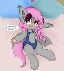 Size: 1831x2021 | Tagged: safe, artist:freefraq, imported from derpibooru, oc, oc only, oc:lilac san, bat pony, pony, bat pony oc, bat wings, bed, blushing, braid, clothes, cute, fangs, female, frog (hoof), implied oc:cherry slime, mare, on bed, one-piece swimsuit, pillow, solo, swimsuit, twin braids, underhoof, wings