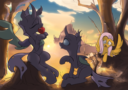 Size: 1600x1129 | Tagged: safe, artist:ruby, imported from derpibooru, fluttershy, changeling, pegasus, pony, canterlot, changeling feeding, cute, eyes closed, fangs, female, heart, mare, nom, sunset, tree, tree stump