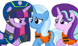 Size: 1440x866 | Tagged: safe, artist:徐詩珮, imported from derpibooru, starlight glimmer, trixie, twilight sparkle, alicorn, series:sprglitemplight diary, series:sprglitemplight life jacket days, series:springshadowdrops diary, series:springshadowdrops life jacket days, alternate universe, angry, base used, chase (paw patrol), clothes, female, lifejacket, paw patrol, simple background, spy chase (paw patrol), transparent background, twilight sparkle (alicorn)