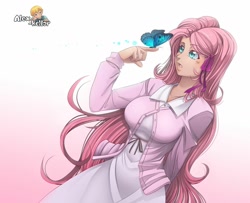 Size: 1280x1038 | Tagged: safe, artist:alex-kellar, imported from derpibooru, fluttershy, butterfly, human, arm behind back, big breasts, breasts, busty fluttershy, crossover, fate/stay night, female, humanized, open mouth, sakura matou, solo