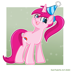 Size: 1239x1245 | Tagged: safe, artist:redpalette, imported from derpibooru, oc, oc only, unicorn, birthday, female, hat, mare, party hat, pink, smiling