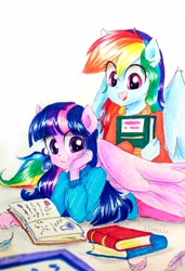 Size: 2322x3403 | Tagged: safe, artist:liaaqila, imported from derpibooru, rainbow dash, twilight sparkle, equestria girls, book, clothes, cute, dashabetes, duo, feather, female, lying down, open mouth, ponied up, reading, science, studying, sweater, traditional art, twiabetes, twilight sparkle (alicorn)