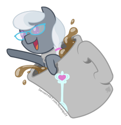 Size: 1280x1324 | Tagged: safe, artist:ravenpuff, imported from derpibooru, part of a set, silver spoon, pony, chibi, coffee mug, cup, cup of pony, female, micro, mug, simple background, solo, transparent background, ych result