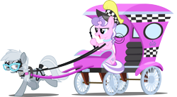 Size: 1280x707 | Tagged: safe, artist:silly-yellow-pone, imported from derpibooru, diamond tiara, silver spoon, earth pony, pony, blinders, bridle, harness, horses doing horse things, horses doing human things, older, older diamond tiara, older silver spoon, reins, simple background, tack, tail wrap, taxi, transparent background, whip