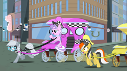 Size: 1280x719 | Tagged: safe, artist:silly-yellow-pone, imported from derpibooru, diamond tiara, silver spoon, oc, oc:checker, earth pony, pony, blinders, blush sticker, blushing, bridle, city, female, harness, horses doing horse things, horses doing human things, mare, older, older diamond tiara, older silver spoon, reins, tack, tail wrap, taxi, whip