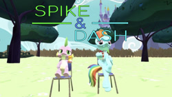 Size: 1160x652 | Tagged: safe, artist:undeadponysoldier, imported from derpibooru, rainbow dash, spike, dragon, pegasus, pony, brother and sister, can, canterlot, caption, chair, chillaxing, drake & josh, drink, duo, female, image macro, lidded eyes, male, mare, parody, siblings, sitting, soda can, text, title card, tree