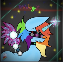 Size: 828x821 | Tagged: safe, artist:kittycatrittycat, imported from derpibooru, rainbow dash, alicorn, pony, series:technology, abstract background, alicornified, amputee, artificial wings, augmented, buttons, collar, female, glowing cutie mark, glowing horn, glowing wings, horn, lipstick, prosthetic limb, prosthetic wing, prosthetics, race swap, rainbowcorn, red button, solo, visor, wings