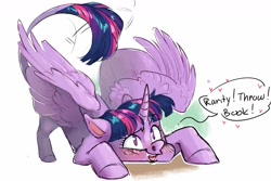 Size: 1280x854 | Tagged: safe, artist:maxiima, imported from derpibooru, twilight sparkle, alicorn, pony, werewolf, behaving like a dog, blushing, book, bookhorse, crouching, dialogue, fangs, female, heart, leonine tail, lesbian, majestic as fuck, offscreen character, rarilight, shipping, silly, silly pony, simple background, solo, story included, tail wag, that pony sure does love books, twilight sparkle (alicorn), white background