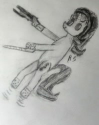 Size: 1330x1690 | Tagged: safe, artist:rain sunburst, imported from derpibooru, starlight glimmer, pony, unicorn, doom, drawing, female, gun, jumping, mare, monochrome, photo, shotgun, solo, traditional art, weapon