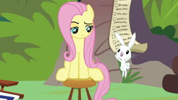 Size: 1920x1080 | Tagged: safe, imported from derpibooru, screencap, angel bunny, fluttershy, pony, rabbit, she talks to angel, animal, checklist, duo, female, jumping, male, mare, raised eyebrow, sitting, stool