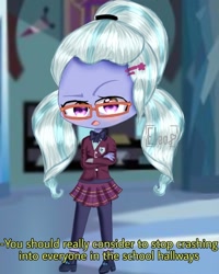 Size: 900x1126 | Tagged: safe, artist:eleo, imported from derpibooru, sugarcoat, equestria girls, chibi, clothes, crossed arms, crystal prep academy uniform, dialogue, female, looking at you, open mouth, raised eyebrow, school uniform, solo, sugarcoat being sugarcoat