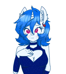 Size: 800x900 | Tagged: safe, artist:gempainter32, imported from derpibooru, oc, oc only, oc:diamond nella, anthro, unicorn, anthro oc, blue hair, breasts, cleavage, clothes, crying, dress, ear fluff, ear piercing, earring, female, hand on breasts, heart, heart eyes, ibispaint x, jewelry, looking at you, magenta eyes, nipple outline, piercing, sad, simple background, solo, teary eyes, transparent background, wingding eyes