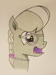 Size: 1536x2048 | Tagged: safe, artist:polar_storm, imported from derpibooru, silver spoon, earth pony, pony, colored sketch, female, filly, glasses, jewelry, necklace, purple eyes, simple background, solo, traditional art, white background