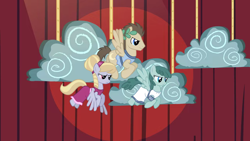 Size: 2000x1124 | Tagged: safe, imported from derpibooru, screencap, cloud kicker, crescent pony, mane moon, spring melody, sprinkle medley, pegasus, pony, hearth's warming eve (episode), background pony, clothes, cloud, dress, female, flying, frown, laurel wreath, male, mare, pegasus tribe, play, rope, stallion, trio