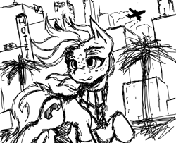 Size: 1196x969 | Tagged: safe, artist:zebra, imported from derpibooru, oc, oc only, oc:silent phone, earth pony, pony, black and white, building, grayscale, monochrome, ms paint, palm tree, plane, solo, tree