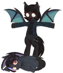 Size: 941x1080 | Tagged: safe, artist:undermaru, imported from derpibooru, oc, oc only, oc:vantablack, bat pony, pony, asserting dominance, bat pony oc, bat wings, bipedal, clothes, glowing eyes, jacket, open mouth, scared, shirt, shrunken pupils, sweat, t pose, wings