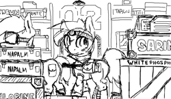Size: 1553x902 | Tagged: safe, imported from derpibooru, oc, oc only, earth pony, pony, ammunition, battle saddle, black and white, black background, boots, clothes, facility, goggles, grayscale, headlamp, implied apocalypse, monochrome, ms paint, munitions, shoes, simple background, weapon, weapons of mass destruction