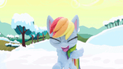 Size: 960x540 | Tagged: safe, imported from derpibooru, screencap, rainbow dash, pegasus, pony, my little pony: pony life, my little pony: stop motion short, snowball fight (short), animated, female, g4.5, gif, how do hooves work?, outdoors, smiling, snow, snowball, solo, stop motion, throwing, wings