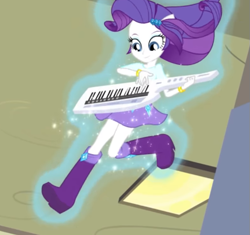 Size: 559x525 | Tagged: safe, imported from derpibooru, rarity, equestria girls, player piano, beautiful, boots, keytar, musical instrument, playing, ponied up, shoes, transformation