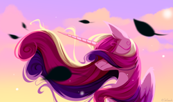 Size: 4237x2500 | Tagged: safe, artist:jun1313, imported from derpibooru, princess cadance, alicorn, pony, digital art, falling leaves, female, leaves, mare, smiling, solo, windswept mane