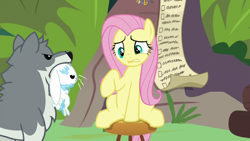 Size: 1920x1080 | Tagged: safe, imported from derpibooru, screencap, angel bunny, fluttershy, sandra, pony, wolf, she talks to angel, checklist, drool, female, male, mare, mouth hold, raised hoof, sitting