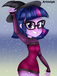 Size: 1536x2048 | Tagged: safe, artist:artmlpk, imported from derpibooru, sci-twi, twilight sparkle, equestria girls, adorasexy, adorkable, alternate hairstyle, blushing, clothes, costume, cute, dork, female, halloween, halloween costume, hat, holiday, looking at you, minidress, sexy, short hair, smiling at you, solo, thigh gap, twiabetes, witch, witch costume, witch hat