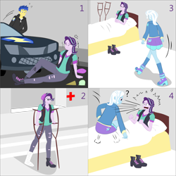 Size: 2000x2000 | Tagged: safe, artist:lzh, derpibooru exclusive, imported from derpibooru, flash sentry, starlight glimmer, trixie, equestria girls, bed, cane, car, cast, comic, crutches, female, hospital, old master q, sitting