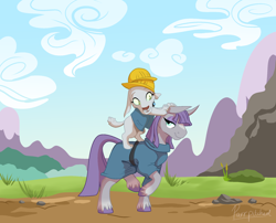 Size: 2114x1712 | Tagged: safe, artist:parrpitched, imported from derpibooru, maud pie, oc, diamond dog, pony, adopted offspring, diamond dog oc, dogs riding ponies, female, hard hat, helmet, mother and child, parent:maud pie, unshorn fetlocks