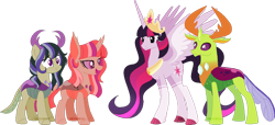 Size: 900x410 | Tagged: safe, artist:space-higanbana, deleted from derpibooru, imported from derpibooru, thorax, twilight sparkle, oc, oc:cicada, oc:spheranium, alicorn, changedling, changeling, changepony, hybrid, pony, the last problem, antlers, female, interspecies offspring, king thorax, male, offspring, parent:thorax, parent:twilight sparkle, parents:twirax, princess twilight 2.0, shipping, simple background, straight, transparent background, twilight sparkle (alicorn), twirax, watermark