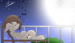 Size: 3840x2180 | Tagged: safe, artist:francis-márt, imported from derpibooru, oc, oc only, earth pony, pony, earbuds, fence, moon, music notes, night, solo, stars