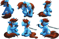 Size: 1414x950 | Tagged: safe, artist:amura-of-jupiter, artist:tiothebeetle, imported from derpibooru, oc, oc only, earth pony, pony, :p, blue, brown mane, commission, cute, cutie mark, eenope, eeyup, emotions, expressions, eyup, facial expressions, glass, glasses, green eyes, male, nodding, raised hoof, sad, shadow, shaking hoof, shine, shy, simple background, solo, tail between legs, text, thinking, thonk, tongue out, transparent background, unshorn fetlocks