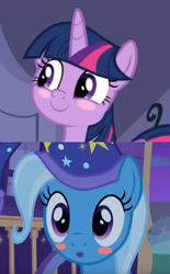 Size: 536x866 | Tagged: safe, edit, edited screencap, imported from derpibooru, screencap, trixie, twilight sparkle, alicorn, the ending of the end, to where and back again, blushing, female, lesbian, shipping, shipping domino, twilight sparkle (alicorn), twixie