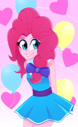 Size: 2084x3386 | Tagged: safe, artist:xan-gelx, imported from derpibooru, pinkie pie, equestria girls, arm behind back, balloon, bow, clothes, commission, commissioner:imperfectxiii, cute, diapinkes, hair bow, heart, heart balloon, looking at you, skirt, smiling, solo