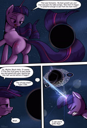 Size: 1920x2816 | Tagged: safe, artist:shieltar, imported from derpibooru, part of a set, twilight sparkle, pony, unicorn, comic:giant twilight, black hole, butt, comic, cute, dialogue, female, giant pony, giantess, glowing horn, horn, jewelry, macro, magic, magic circle, mare, necklace, part of a series, plot, pony bigger than a planet, pony bigger than a solar system, pony bigger than a star, signature, size difference, solo, space, stars, twiabetes