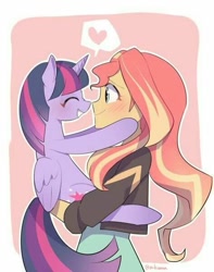 Size: 473x600 | Tagged: source needed, safe, artist:rinn11201, deleted from derpibooru, imported from derpibooru, sunset shimmer, twilight sparkle, alicorn, human, pony, equestria girls, blushing, female, heart, holding a pony, human on pony snuggling, lesbian, nose to nose, shipping, snuggling, sunsetsparkle, twilight sparkle (alicorn)