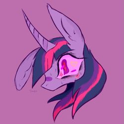 Size: 677x677 | Tagged: safe, artist:junko, artist:php163, derpibooru exclusive, imported from derpibooru, twilight sparkle, pony, unicorn, big ears, big eyes, colored, colored sketch, digital art, ear fluff, eye lashes, female, head shot, lazy background, long ears, mare, messy, messy lines, messy mane, no mouth, paint tool sai, purple background, simple background, sketch, solo, stylized, sweat, sweatdrop, twilight snapple, unicorn twilight