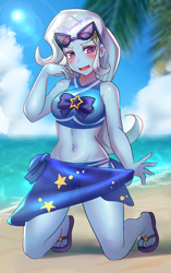 Size: 2200x3500 | Tagged: safe, artist:tzc, imported from derpibooru, trixie, equestria girls, equestria girls series, forgotten friendship, adorasexy, anime, beach, belly button, blushing, clothes, cute, diatrixes, feet, female, high res, kneeling, looking at you, midriff, ocean, open mouth, sand, sandals, sarong, see-through, sexy, solo, sunglasses, swimsuit