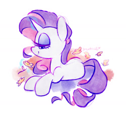 Size: 1425x1302 | Tagged: safe, artist:dawnfire, imported from derpibooru, rarity, pony, unicorn, colored pupils, cute, female, flower, lidded eyes, mare, profile, prone, raribetes, smiling, solo