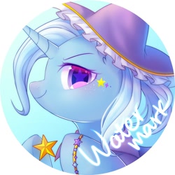 Size: 1024x1024 | Tagged: safe, artist:leafywind, imported from derpibooru, trixie, pony, bracelet, bust, button, cute, diatrixes, ear fluff, female, jewelry, looking at you, mare, portrait, profile, simple background, solo, starry eyes, stars, watermark, white background, wingding eyes