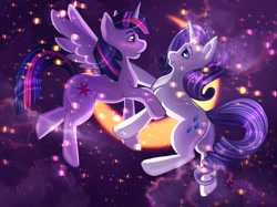 Size: 2732x2048 | Tagged: safe, artist:iimd, artist:imd, imported from derpibooru, rarity, twilight sparkle, alicorn, pony, unicorn, blushing, crescent moon, female, galaxy, lesbian, looking at you, mare, moon, rarilight, shipping, stars, twilight sparkle (alicorn), ych result