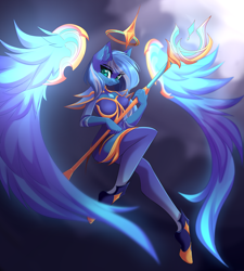 Size: 3909x4338 | Tagged: safe, artist:airiniblock, imported from derpibooru, oc, oc only, oc:vivid tone, anthro, pegasus, unguligrade anthro, absurd resolution, anthro oc, clothes, commission, female, floating wings, league of legends, looking at you, mare, not luna, scepter, smiling, solo, soraka, staff, wand, wings