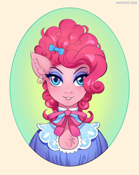 Size: 800x1008 | Tagged: safe, artist:margony, imported from derpibooru, pinkie pie, anthro, earth pony, bow, bust, chest fluff, ear fluff, ear piercing, earring, female, hair bow, jewelry, makeup, mare, piercing, portrait, simple background