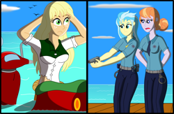 Size: 4380x2851 | Tagged: safe, artist:physicrodrigo, imported from derpibooru, part of a set, applejack, copper top, misty fly, bird, mermaid, series:equestria mermaids, equestria girls, 2 panel comic, arm behind head, breasts, busty applejack, clothes, cloud, disappearing clothes, equestria girls-ified, female, freckles, frown, gun, handgun, hands on head, hatless, high res, implied pinkie pie, looking at each other, loose hair, mermaidized, midriff, missing accessory, moped, ocean, open mouth, part of a series, pier, pistol, police, police officer, species swap, story included, torn clothes, trio, trio female, two panels, weapon, worried