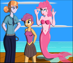 Size: 4000x3465 | Tagged: safe, artist:physicrodrigo, imported from derpibooru, part of a set, copper top, pinkie pie, scootaloo, mermaid, series:equestria mermaids, equestria girls, arm behind back, belly button, breasts, busty pinkie pie, busty scootaloo, clothes, cloud, cuffs, dress, equestria girls-ified, female, hand cuffs, hands up, high res, holding up, id card, mermaidized, midriff, ocean, open mouth, part of a series, pier, pleated skirt, police officer, puddle, seashell bra, skirt, skirtaloo, smiling, species swap, story included, trio, trio female