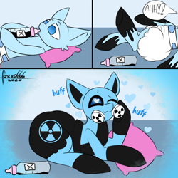 Size: 1200x1200 | Tagged: safe, artist:foxxo666, imported from derpibooru, adult foal, baby bottle, comic, commission, diaper, diaper fetish, fetish, latex, latex suit, non-baby in diaper, radioactive, rubber drone, transformation, ych example, your character here